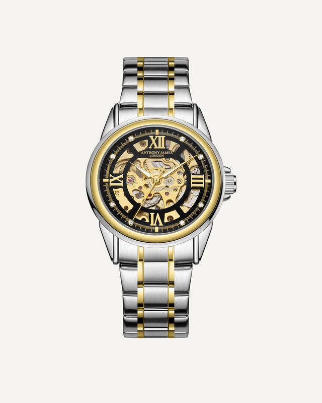 Skeleton Automatic Two Tone Gold & Steel Mens Watch