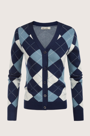 GK Women Diamond Pattern Color Block Cardigan Sweater V-Neck Button-up Knitwear