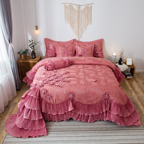 Tache Satin Ruffle Floral Lace Pink Royal Princess Dream Comforter Set (BM1227)
