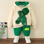 【12M-8Y】2-piece Boys Casual Scarf Bear Embroidered Hooded Sweatshirt And Pants Set - 4457