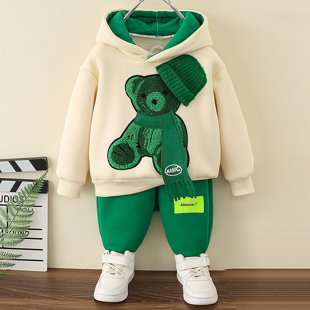 【12M-8Y】2-piece Boys Casual Scarf Bear Embroidered Hooded Sweatshirt And Pants Set - 4457