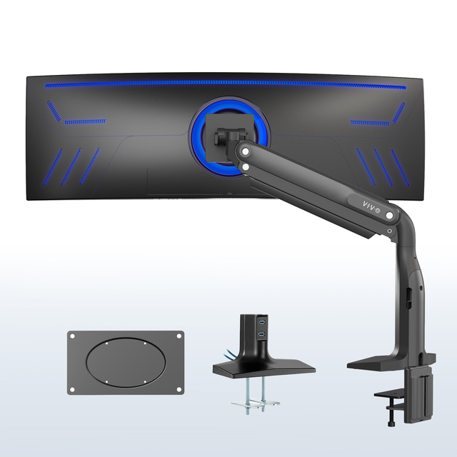 Pneumatic Arm Single Ultrawide Monitor Desk Mount with USB - Up to 49" Screens