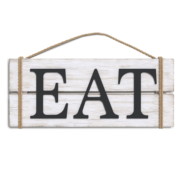 EAT Wood Sign, White/Black