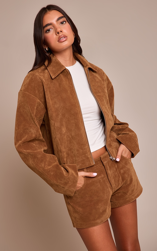 Tan Suede Zip Up Pleated Cropped Jacket