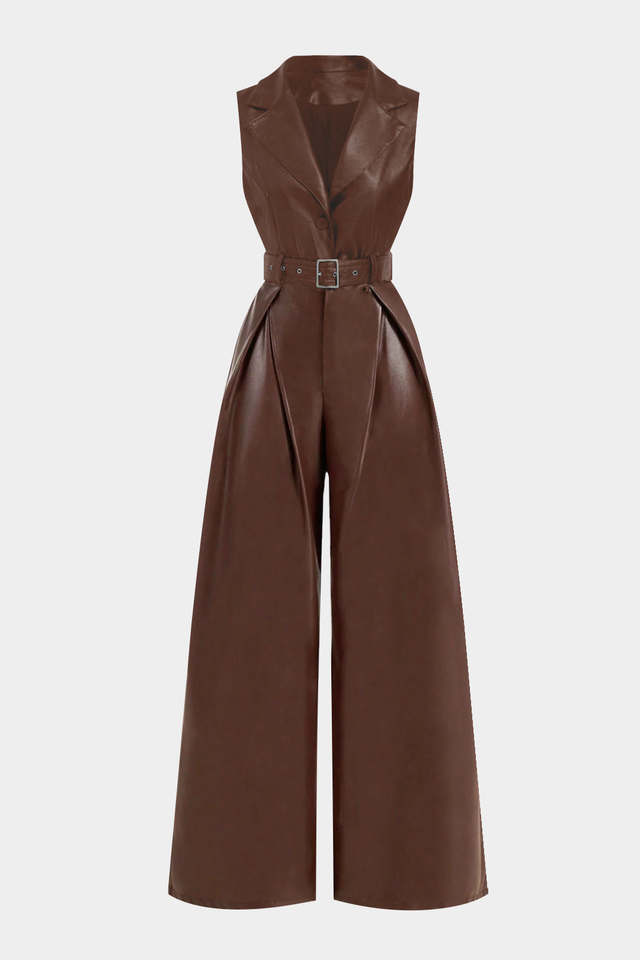 Faux Leather Belted Tank Sleeveless Jumpsuit