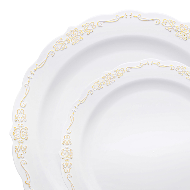 White with Gold Vintage Rim Round Disposable Plastic Dinnerware Value Set