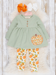 Sage Floral Pumpkin Lace Ruffle Outfit