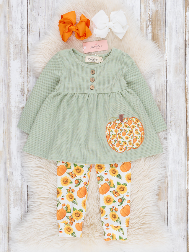 Sage Floral Pumpkin Lace Ruffle Outfit