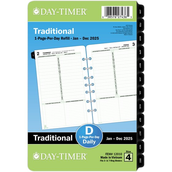 Day-Timer® January 2025 – December 2025 One Page Per Day Planner Refill, Loose-Leaf, Desk Size, 5 1/2" x 8 1/2"