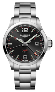 Longines Conquest V.H.P. GMT Stainless Steel Black Dial Perpetual Calendar Date Quartz Mens Watch L3.728.4.56.6