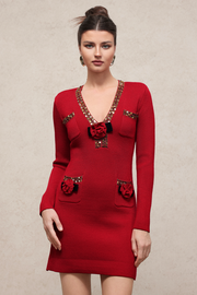 Quinny Elegant Contour Long Sleeve Floral Knit Mini Dress