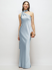 Draped Scarf One-Shoulder Bias Stretch Satin Maxi Dress