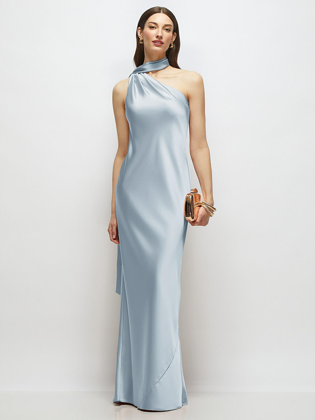 Draped Scarf One-Shoulder Bias Stretch Satin Maxi Dress