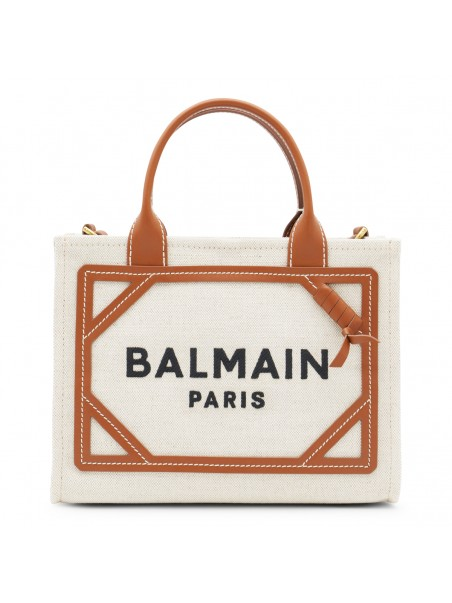 BEIGE CANVAS AND BROWN LEATHER HANDLE BAG