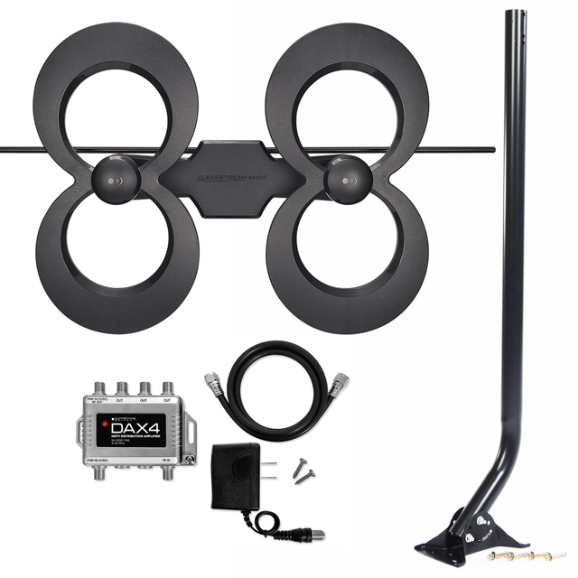Bundle - ClearStream MAX-V Pro Indoor / Outdoor HD TV Antenna, 40-inch Mast, DAX4 Distribution Amplifier 4-Output