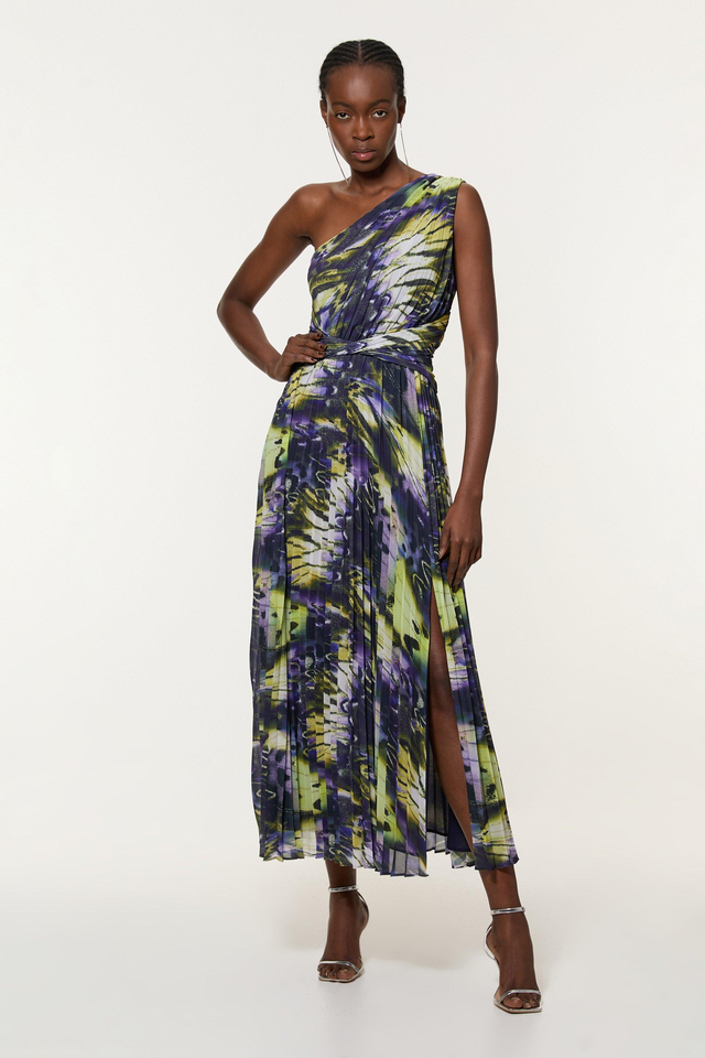 Petite Crinkle Feather Print Woven One Shoulder Maxi Dress | Karen Millen