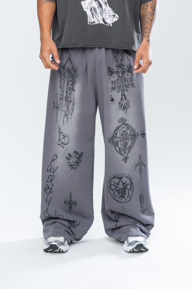 CRUCIFIX DISTRESSED BAGGY SWEATPANTS - GRAY