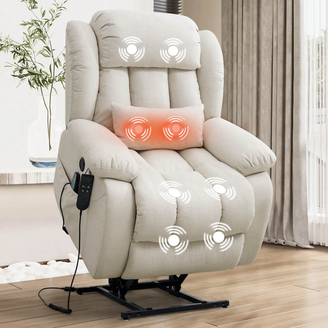 Infinite Position Dual Motor Power Lift Recliner Chair W/ Heat and Massage, Including Lumbar Pillow, Linen