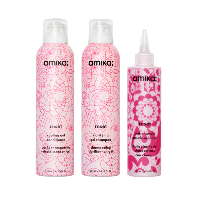 detox set | reset clarifying gel shampoo, cooling gel conditioner + pink charcoal scalp cleansing oil