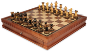 Parker Staunton Chess Set Burnt Boxwood Pieces with Walnut Chess Case - 3.75" King
