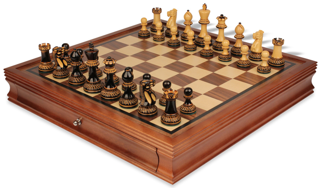 Parker Staunton Chess Set Burnt Boxwood Pieces with Walnut Chess Case - 3.75" King