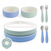 Kids Porcelain Mealtime Bundle | Plates, Bowls + Toddler Utensils | Suction Sleeves | Sage/MistyBlue