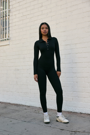 Long-Sleeve Henley Seamless Ribbed Jumpsuit