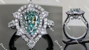 DovEggs Peacock blue vintage halo pear moissanite engagement ring