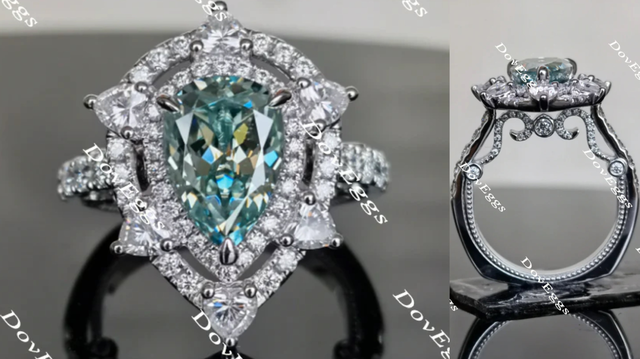 DovEggs Peacock blue vintage halo pear moissanite engagement ring