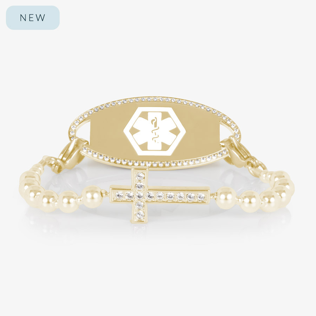 Faith Cross Beaded Stretch Medical ID Bracelet in 12k Gold Plate