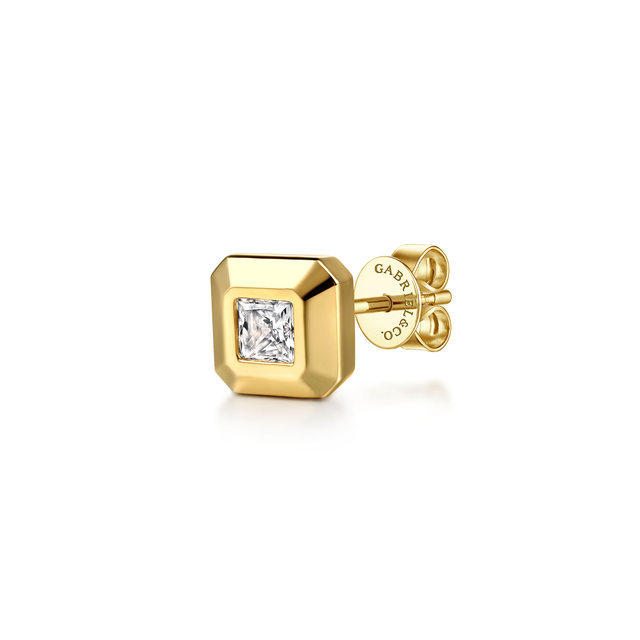 14K Yellow Gold Diamond Mens Angular Cuts Single Stud Earring