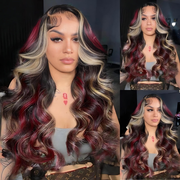 Glueless Loose Wave Black with Red & Blonde Highlight 13x4 Lace Front Multi Color Human Hair Wig