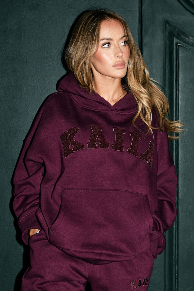 Kaiia Borg Slogan Oversized Hoodie Cherry