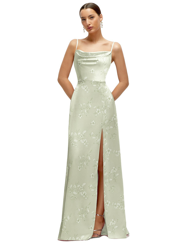 Floral Cowl Neck Satin Maxi Dress with Adjustable Spaghetti Straps