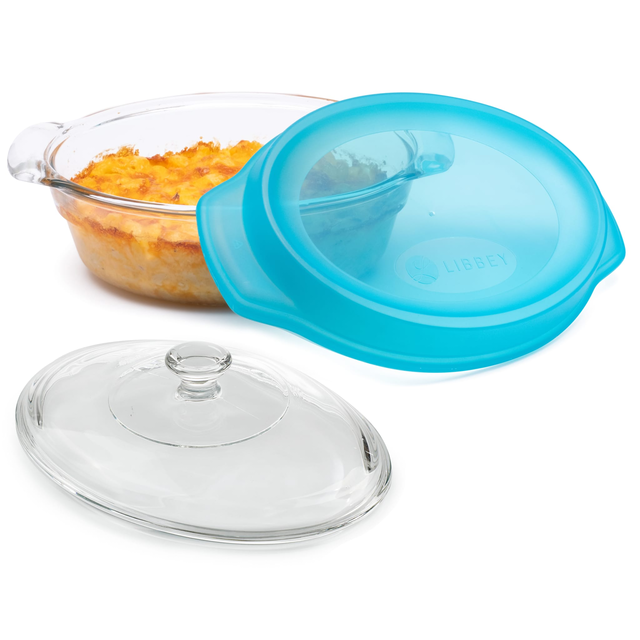 Libbey Baker’s Premium 2 Quart Oval Glass Casserole Dish with Glass Lid and Plastic Storage Lid, Stackable Bakeware with GreatGrip Handles