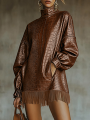 Ursime Fashion Dark Brown High Neck Lantern Sleeve Pocket Fringe Crocodile PU Leather Mini Dress