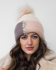 FINAL SALE - Color Block Knit Hat with Crystals