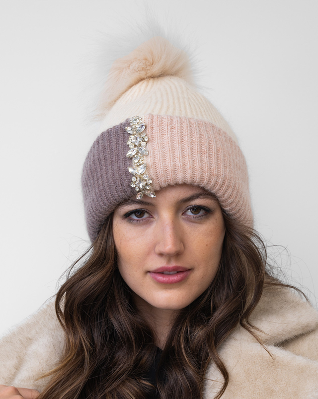 FINAL SALE - Color Block Knit Hat with Crystals