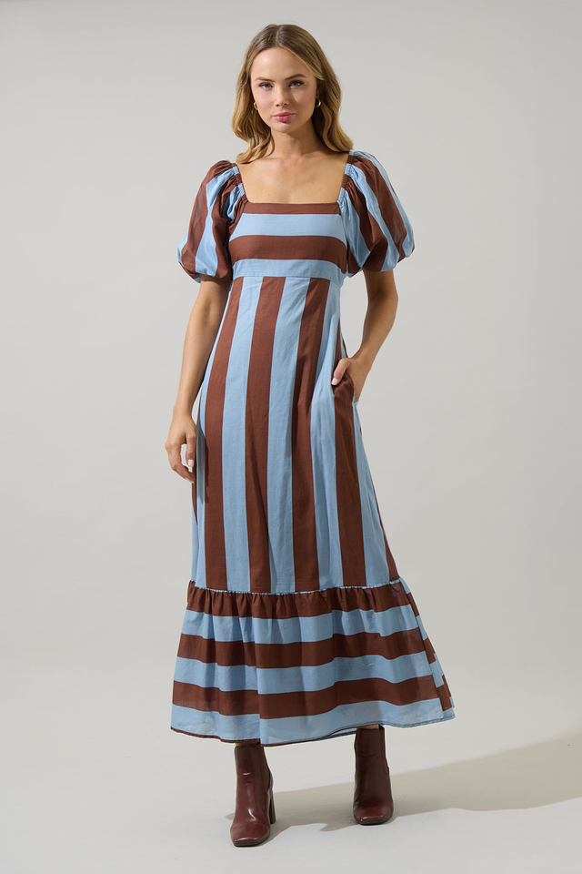 Evabelle Stripe Xena Puff Sleeve Maxi Dress