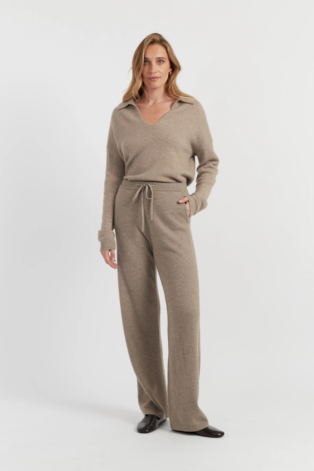 Warm-Oatmeal Pure Cashmere Wide-Leg Pants