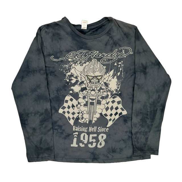 Raising Hell Since 1958 Ed Hardy Graphic Long Sleeve T-Shirt - Large Grey Cotton