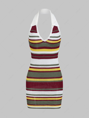 Women's Casual Sexy Colorful Striped Halterneck Backless Slim Fit Mini Knit Dress