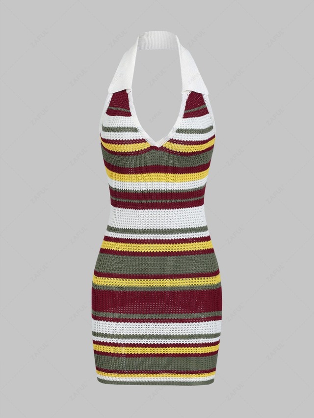 Women's Casual Sexy Colorful Striped Halterneck Backless Slim Fit Mini Knit Dress