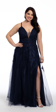 Mesh Applique Plunging Lace Up A Line Dress