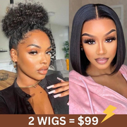 2 Wigs=$99 | Invisi Strap 360 Lace kinky Curly Wig Snug Fit + Glueless 4x4 Lace Closure Straight Bob Wig