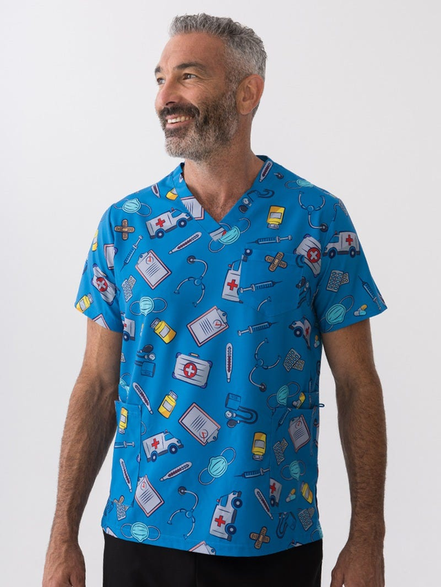 Scrub Top Blue Hospital Print
