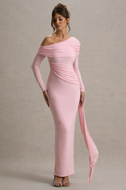 Valina | Pink Ruched Asymmetric Maxi Dress With Drape