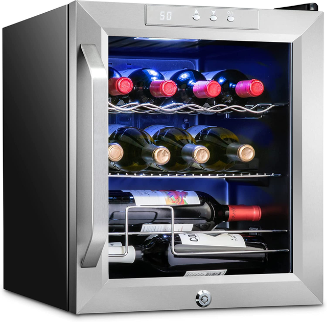 12 Bottle Wine Fridge, Freestanding Stainless Steel Wine Refrigerator w/Lock