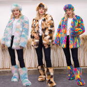 Winter Multicolor Faux Fur Coat with Matching Headband and Boots Set