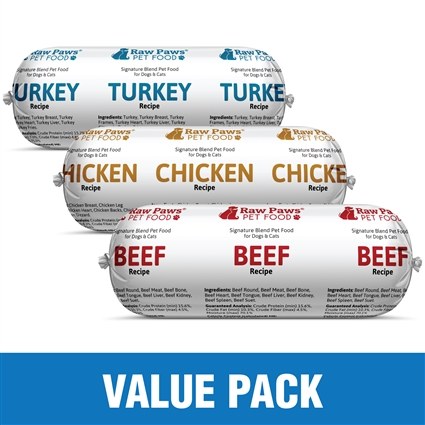 Signature Blend Pet Food for Dogs & Cats - Beef, Chicken & Turkey - Value Pack, 30 lbs | RawPawsPetFood.com